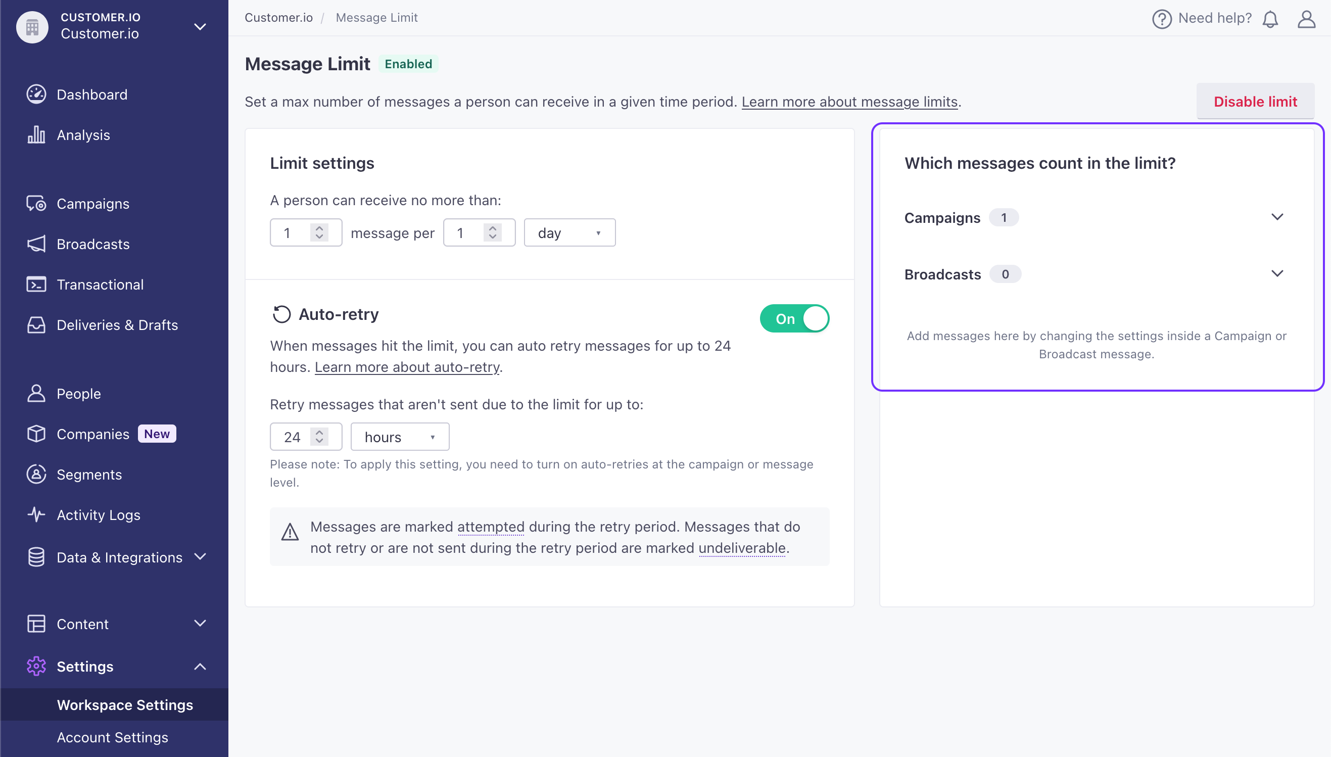 Find the count of campaigns and broadcasts that observe your message limit