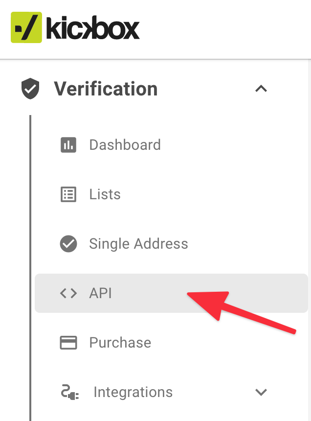 The menu of the Verification services with an arrow pointing to API menu item