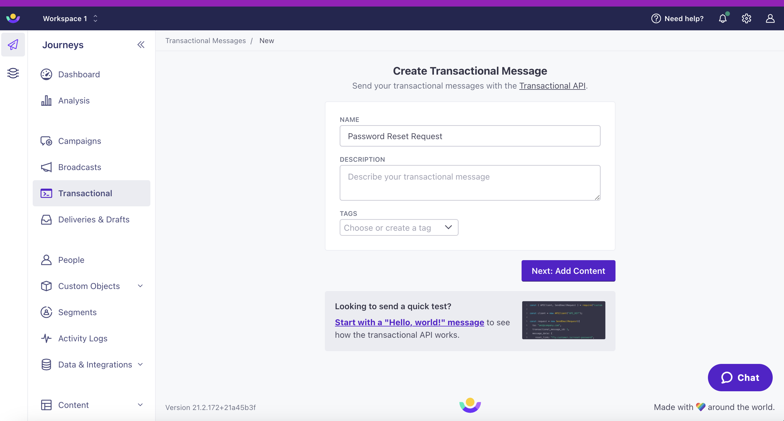 Transactional is selected in the left hand navigation. The image is from the first step of creating a transactional message. The name is Password Reset Request.